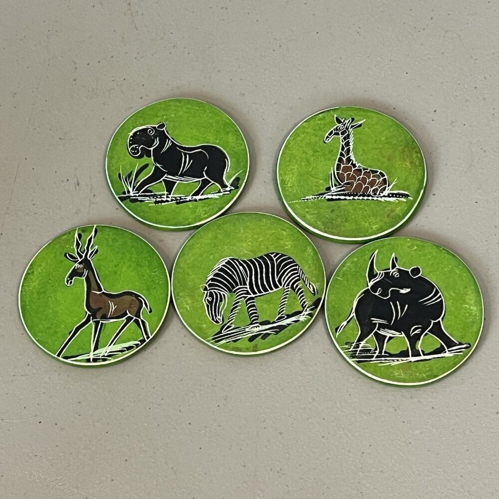 African Safari Green Soapstone Drink Coasters Zebra Rhino Giraffe Gazelle